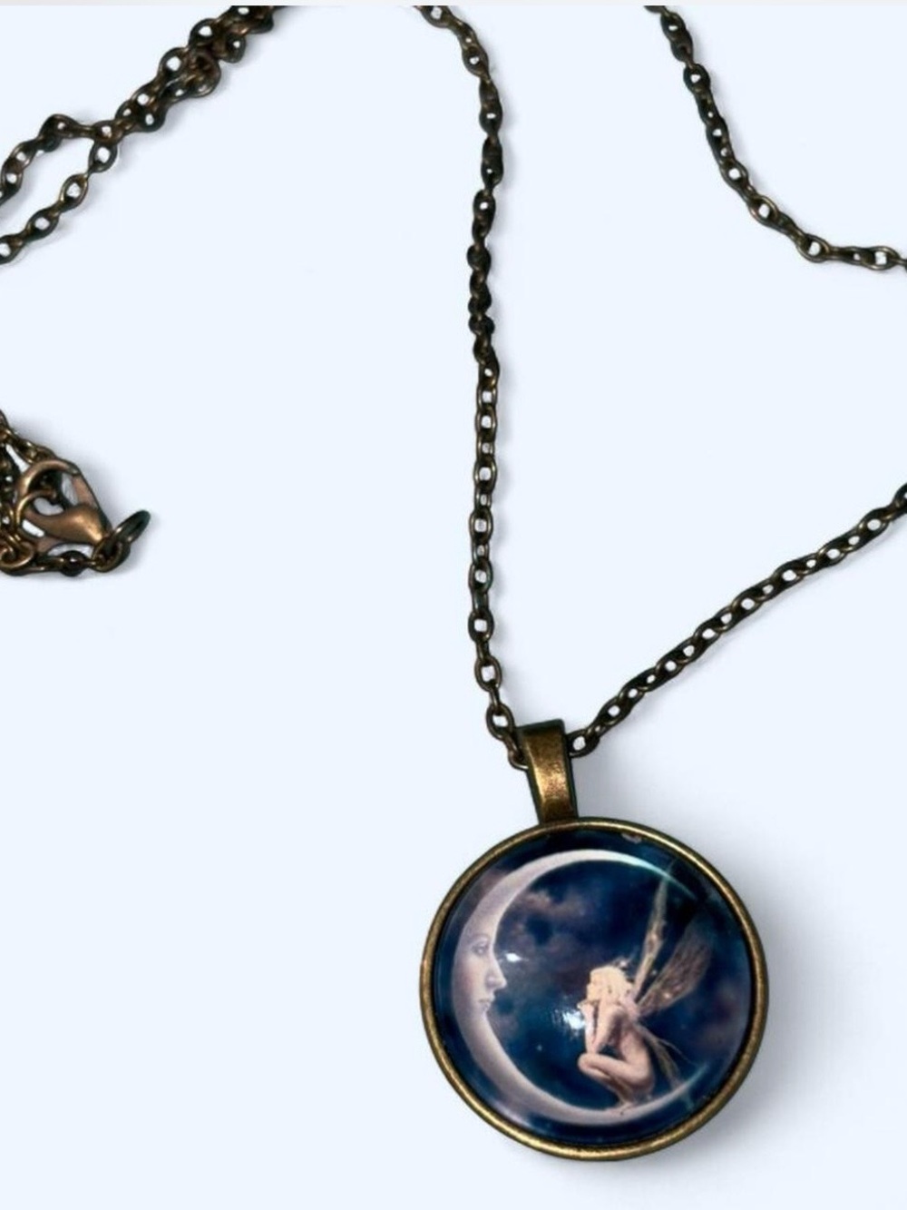 Bronze Fairy Moon Pendant Necklace – Blue Moonlight Design